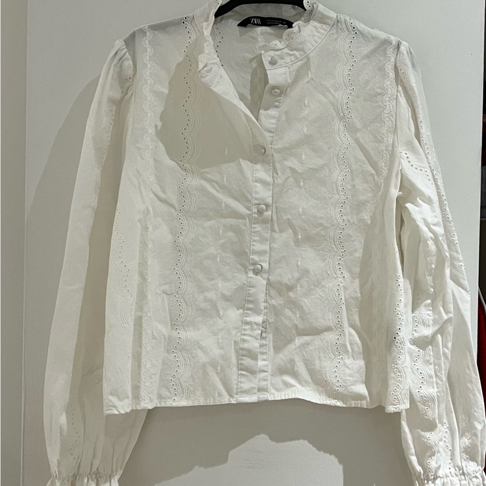 Zara White Eyelet Button-Up Blouse